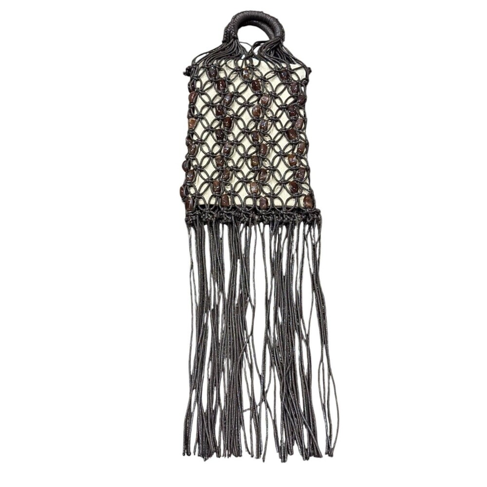 Zara Macrame Fringe Beaded Bucket Bag Brown Boho Festival NWT